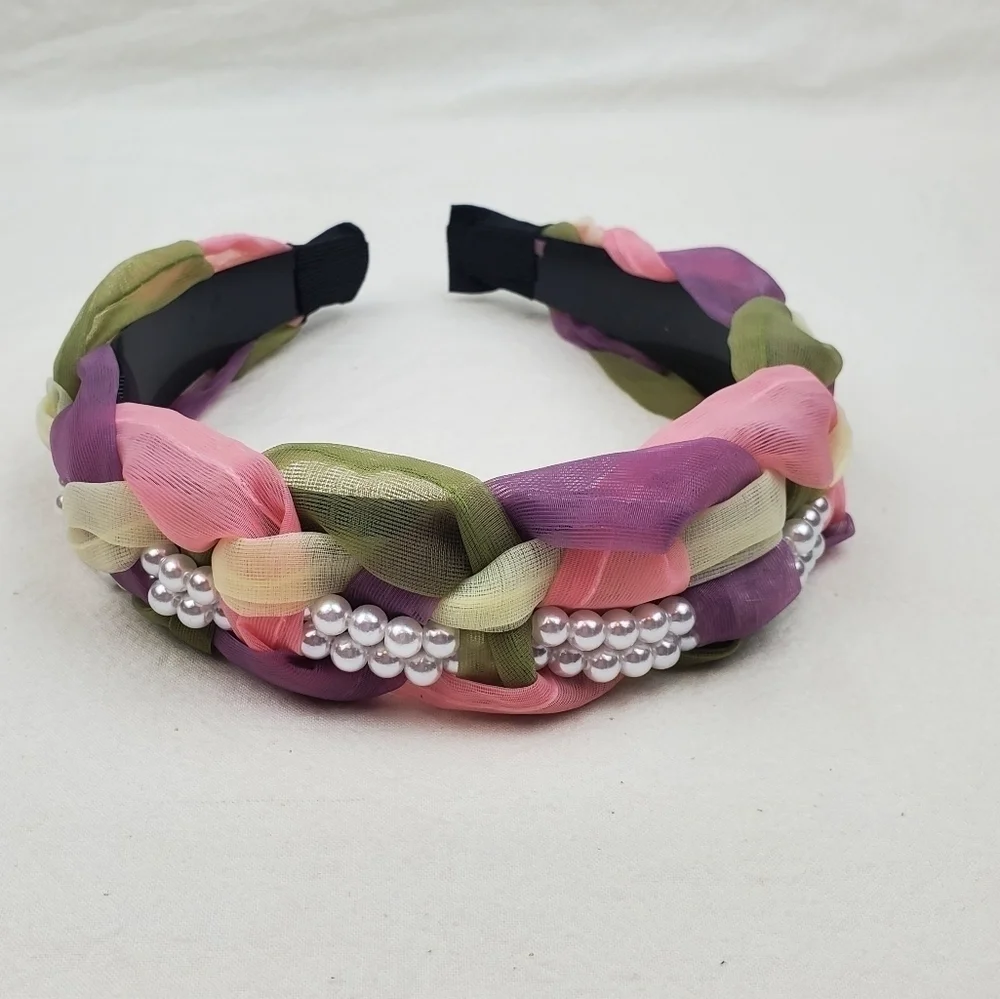 Faux pearl wide braided color block headband hair accessories
